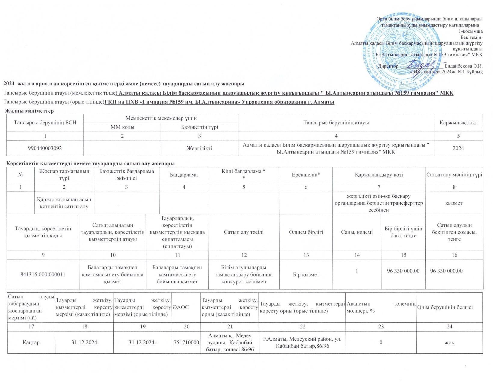 Қызметтерді немесе тауарларды сатып алу жоспары 1-4 сынып 2024 ж.  План приобритения услуг или товаров 1-4 класс 2024г.