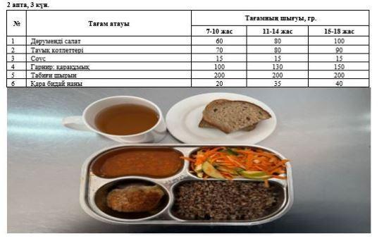 1-4 және СУСН 5-11 бір мезгілдік ыстық тамақ ас мәзірі. 2 апта 3 күн