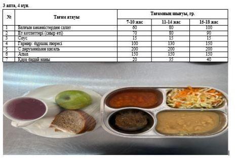 1-4 және СУСН 5-11 бір мезгілдік ыстық тамақ ас мәзірі. 3 апта 4 күн