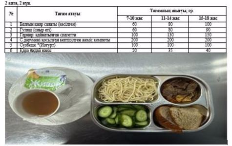 1-4 және СУСН 5-11 бір мезгілдік ыстық тамақ ас мәзірі. 2 апта 2 күн