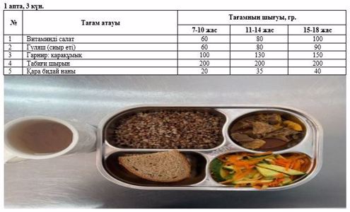1-4 сыныптарға "Балауса" жазғы сауықтыру лагерьі бір мезгілдік ыстық тамақ ас мәзірі 1 апта 3 күн